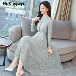 2024 New Autumn Winter Vintage Lace Midi Dresses Women Elegant Bodycon Black Maxi Dress Party Long Sleeve Casual Runway Vestidos