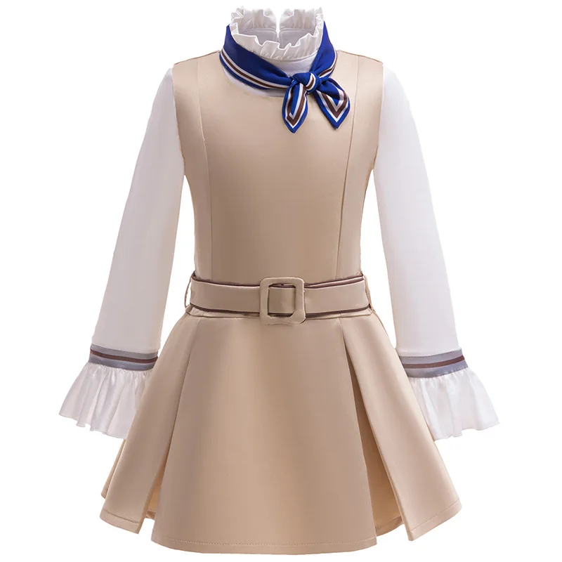 Girls Preppy Fake 2Piece Dress Long Sleeve Ruffle Cuffs Sailor Bow Tie Waist Belt A-Line Skirt Kids School Uniform Outfit