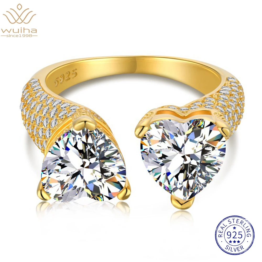 

WUIHA Real 925 Sterling Silver 3EX Double Main Heart Gemstone VVS Yellow Gold High Carbon Diamonds Ring for Women Gift Wholesale