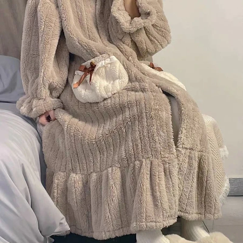 Hooded Robe for Women Button Sleepwear Fleece Night Wears Winter Nightdress Pocket Pajama Nightgown Long Sleeve Warm Homewear