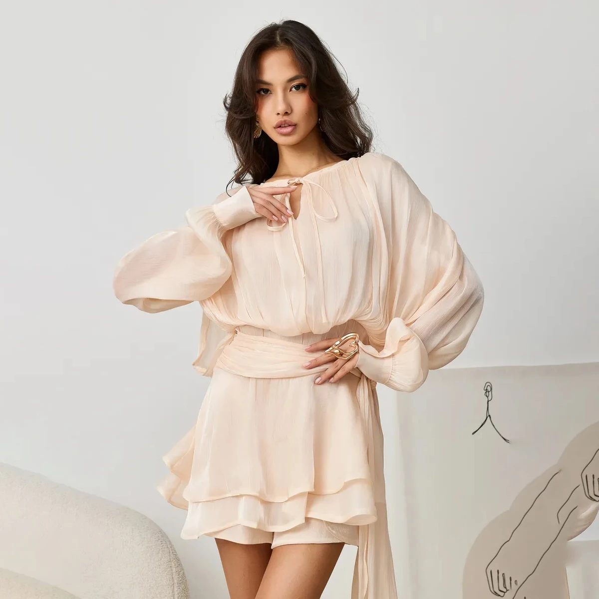 Women's dress Solid Blouse Mini Dresses For Women V Neck Long Sleeve Spliced Lace Up Sweet Style Dress Female Clothing Fashion
