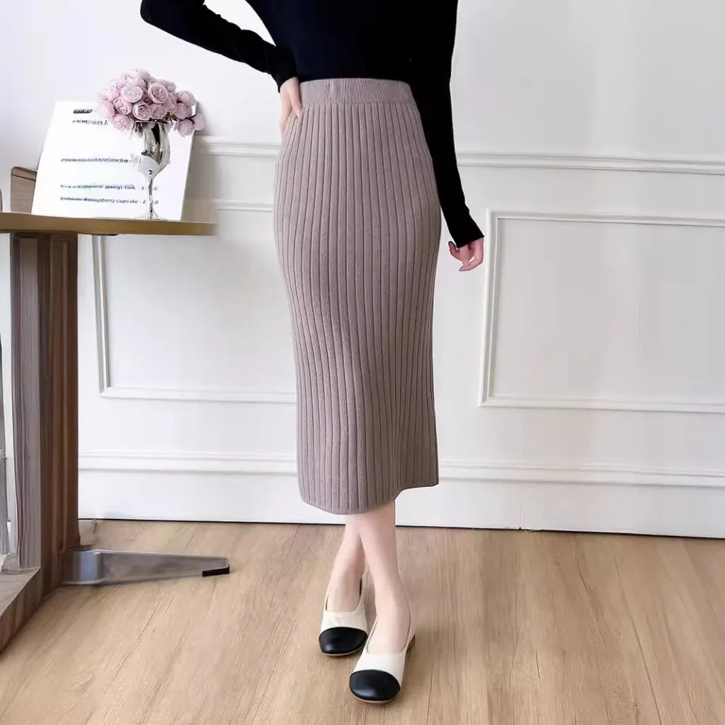 

Korean Style Big Pit Knitted Skirt Tight Line Split Hem Sexy Outer Wear Women's Fashion Half Skirt