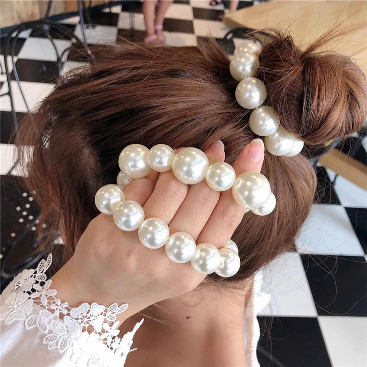 1 pulsera, pulsera, cabeza de perla, cuerda, lazo para el cabello, pulsera romántica francesa para el cabello, anillo para el cabello de perlas grandes de doble uso