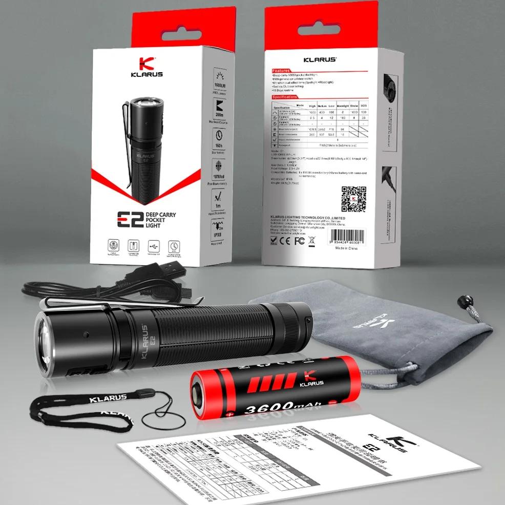 

KLARUS E2 Mini Rechargeable LED Flashlight XHP35 HI 1600 lumen Torch Light with 18650 Battery for Wilderness Survival Camping