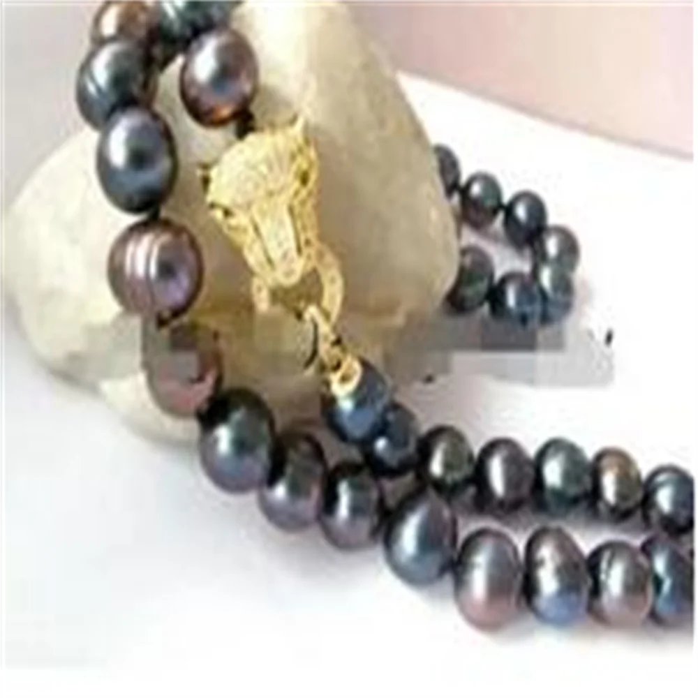 Black Oval Freshwater Pearl Necklace Gold Crystal Leopard Clasp 26