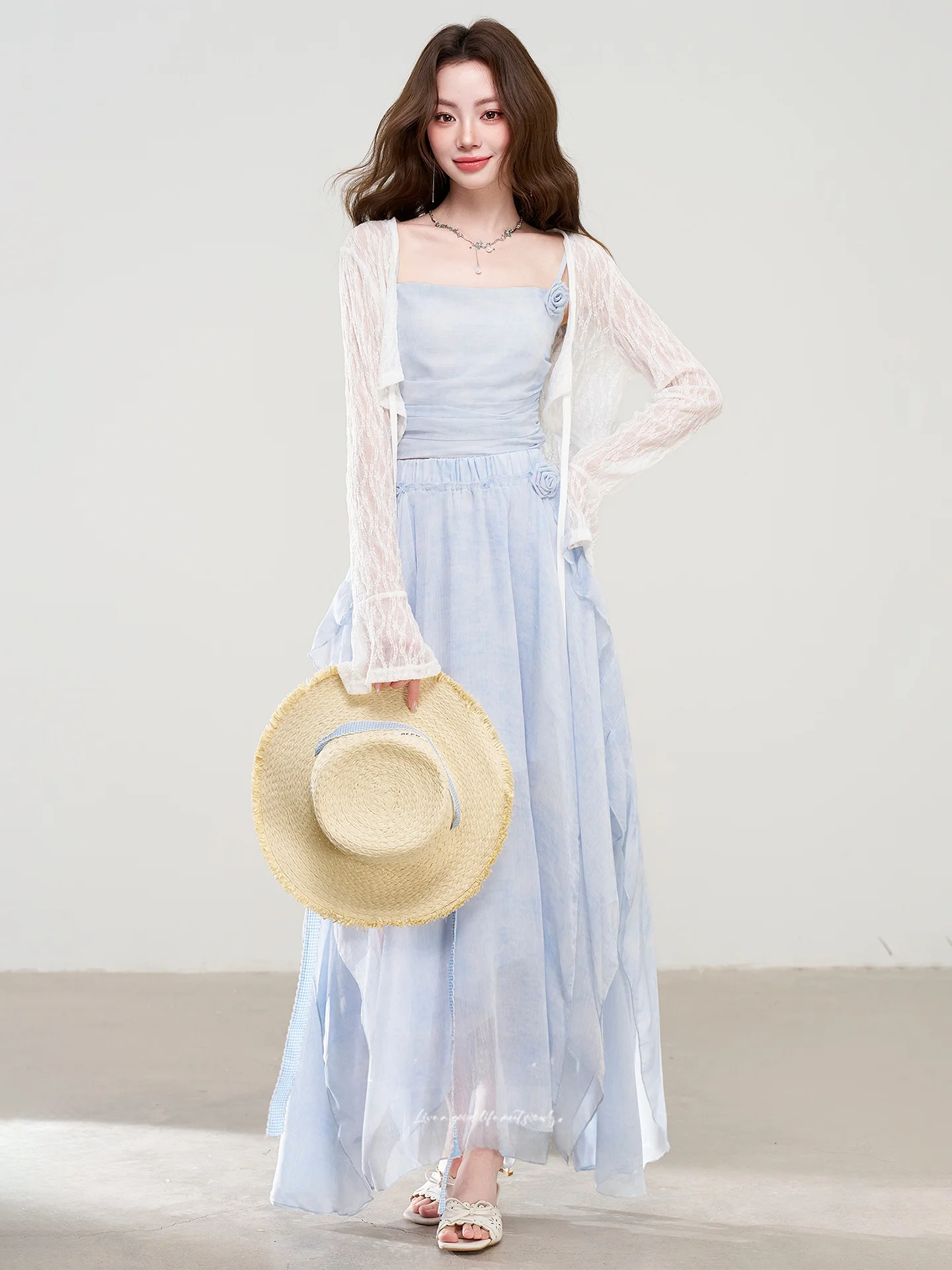 

Summer 2026 Trendy Three-Piece Set Women's Fashion Cardigan Strap Top Halter Neck Skirt High Waist Casual Wear for Adults