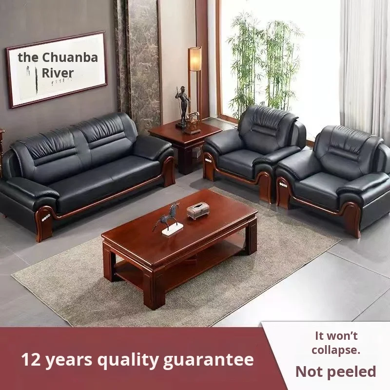 High-End Three-Seat Cowhide Genuine Leather Office Sofa with Coffee Table Chinese Business Reception Furniture for Living Room