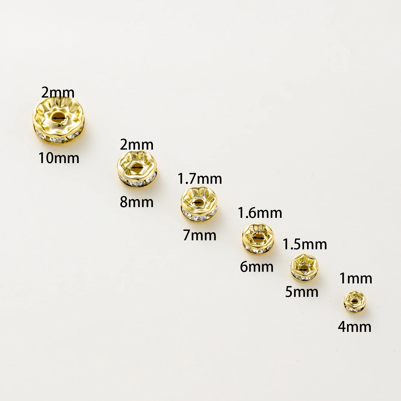 10Pcs 4-10mm Rhinestone Spacer Beads Czech Crystal Spacer 14K/18K Gold Color Plated Brass Bead for DIY Jewelry Making Supplies