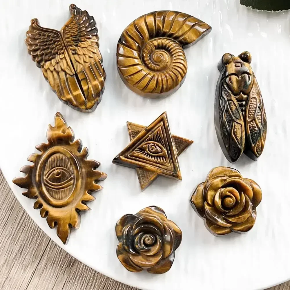 Hand Carved Natural Crystal Tiger Eye Crafts High Quality Devil's Eye Cicada Snail Hexagram Rose Double Other Crystal Crafts