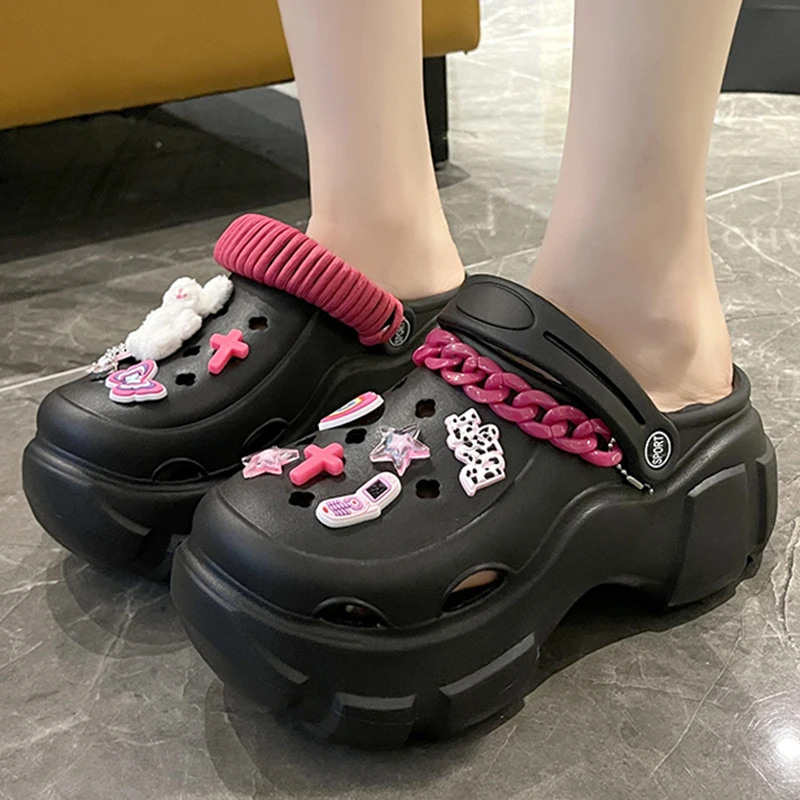 Summer Women Slippers Cross Decoration Garden Sandals Platform Clogs EVA Flip Flops Y2K Outdoor Vacation Shoe For Female 34-41