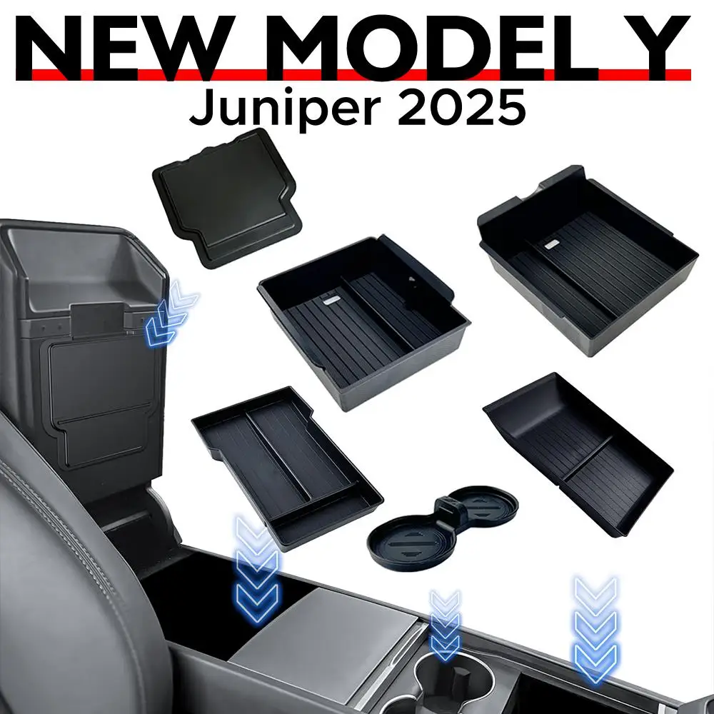 

For Tesla New Model Y 2025 Launch Juniper ABS with Silicone Non-slip Mat Console & Armrest Storage Box Upper and Lower Watercup