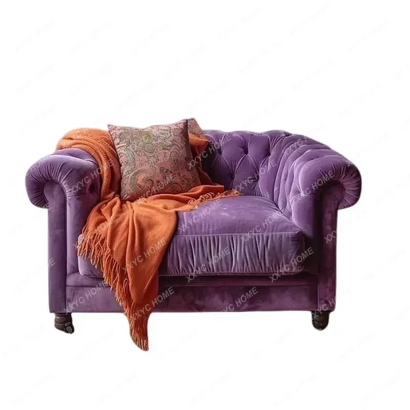 XX Sofa Straight Row Tufted  Vintage Purple Velvet Fabric Hotel Photo Prop