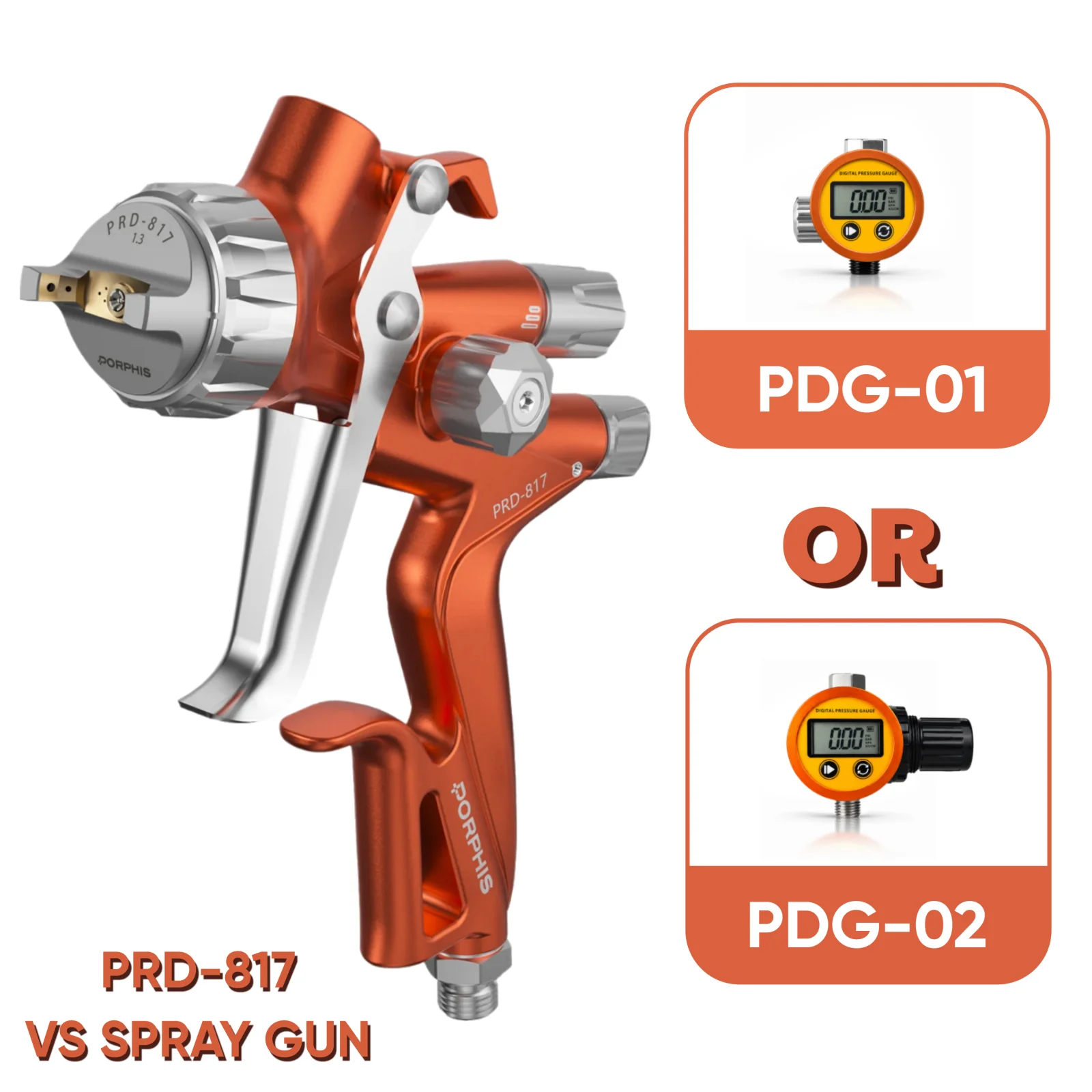PORPHIS PRD-817 Paint Gun with Digital Air Regulator Gauge Automotive Spray Gun for Clear Coat Refinish Body Shop Car Repair