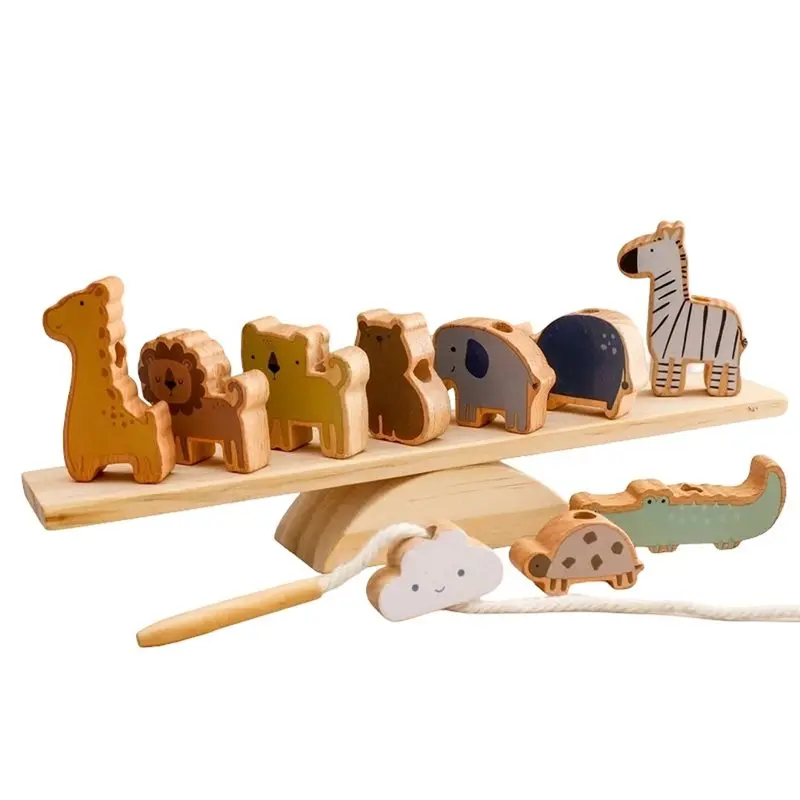 A63T-1Set Wooden Threading Seesaw For Children - Educational Balance Blocks, Hand-Eye Coordination Stacking Game For Kids