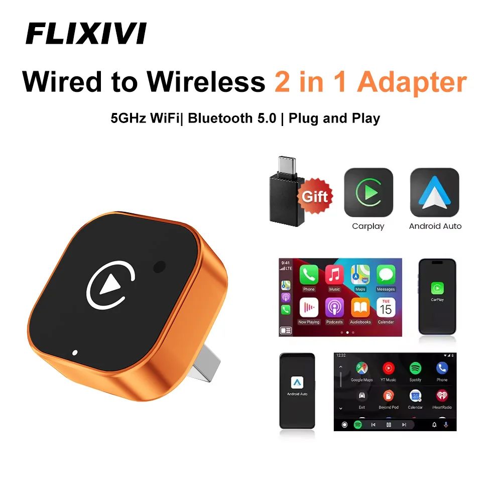 FLIXIVI NEW Wireless CarPlay Adapter 2-in-1 Wired to Wireless Dongle for Apple & Android Plug and Play Universal Car Accessory
