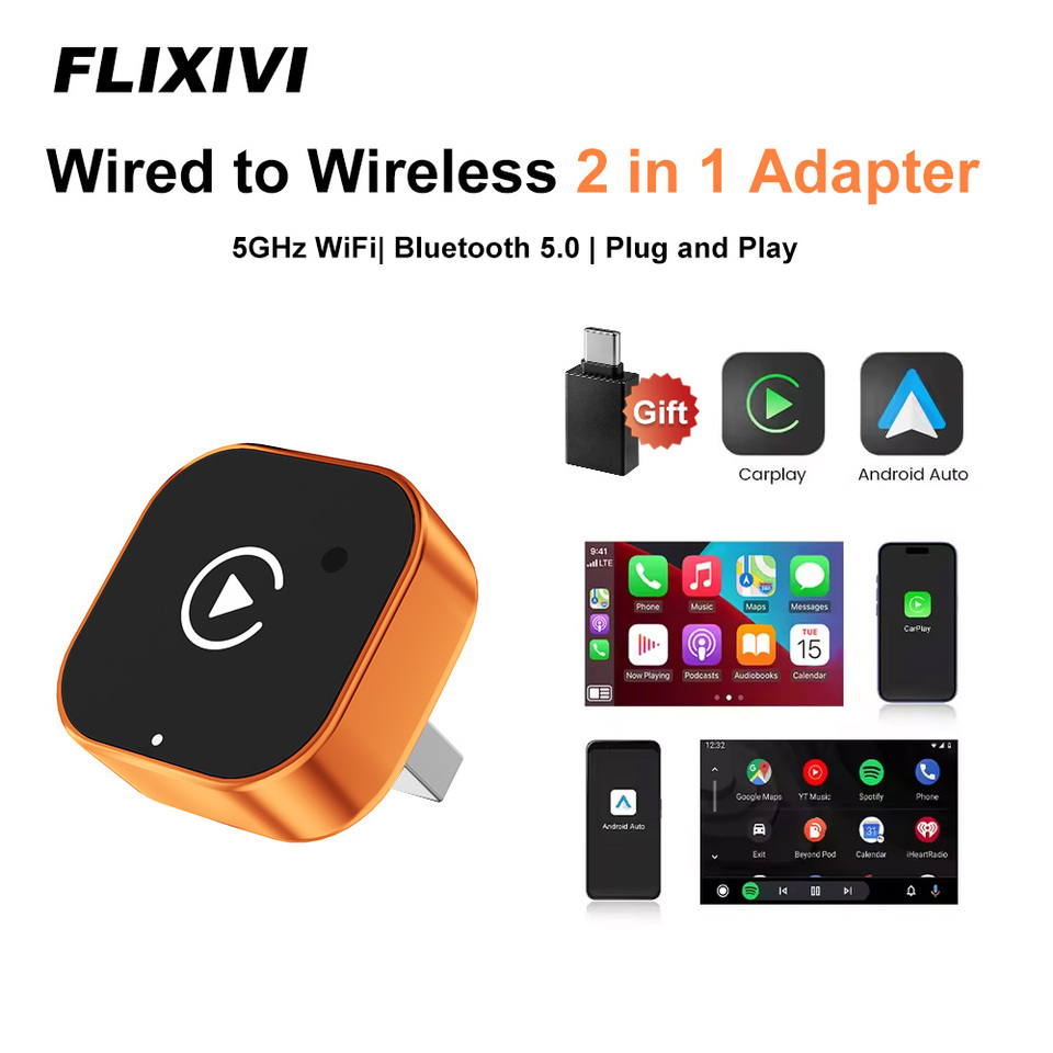  FLIXIVI NEW Wireless CarPlay Adapter 2-in-1 Wired to Wireless Dongle for Apple & Android Plug and Play Universal Car Accessory 