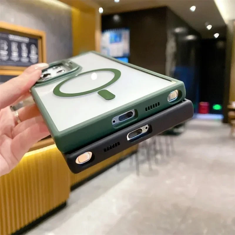 شحن لاسلكي مغناطيسي مقاوم للصدمات لهاتف Magsafe حافظة شفافة لهاتف سامسونج جالاكسي S25 S24 Ultra S22 Plus S23 FE