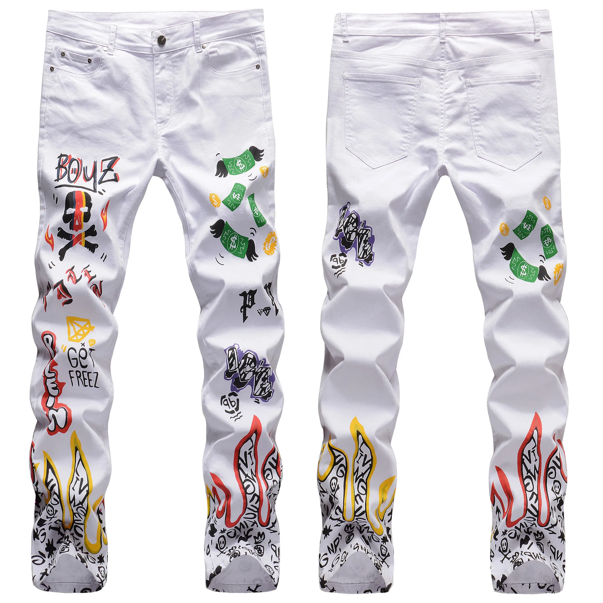 

Fashion trend men's white elastic printed jeans non-mainstream personality casual long pants European and American style