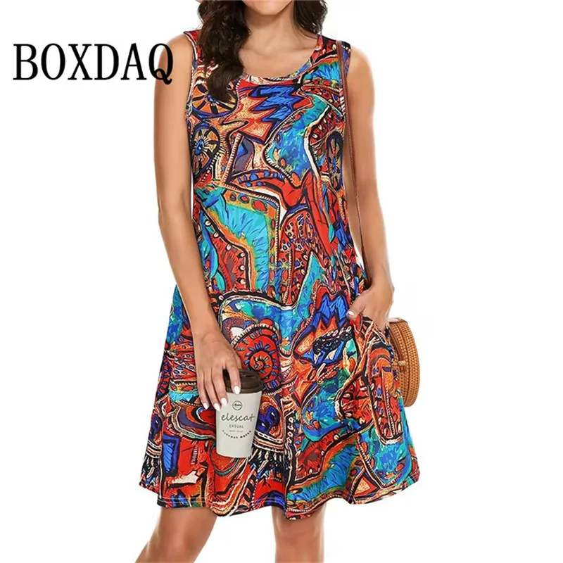 2025 Fashion Plus Size Women Casual Short Dresses Elegant Summer Bohemian Dress Pockets Sleeveless Simple Female Clothing Summer