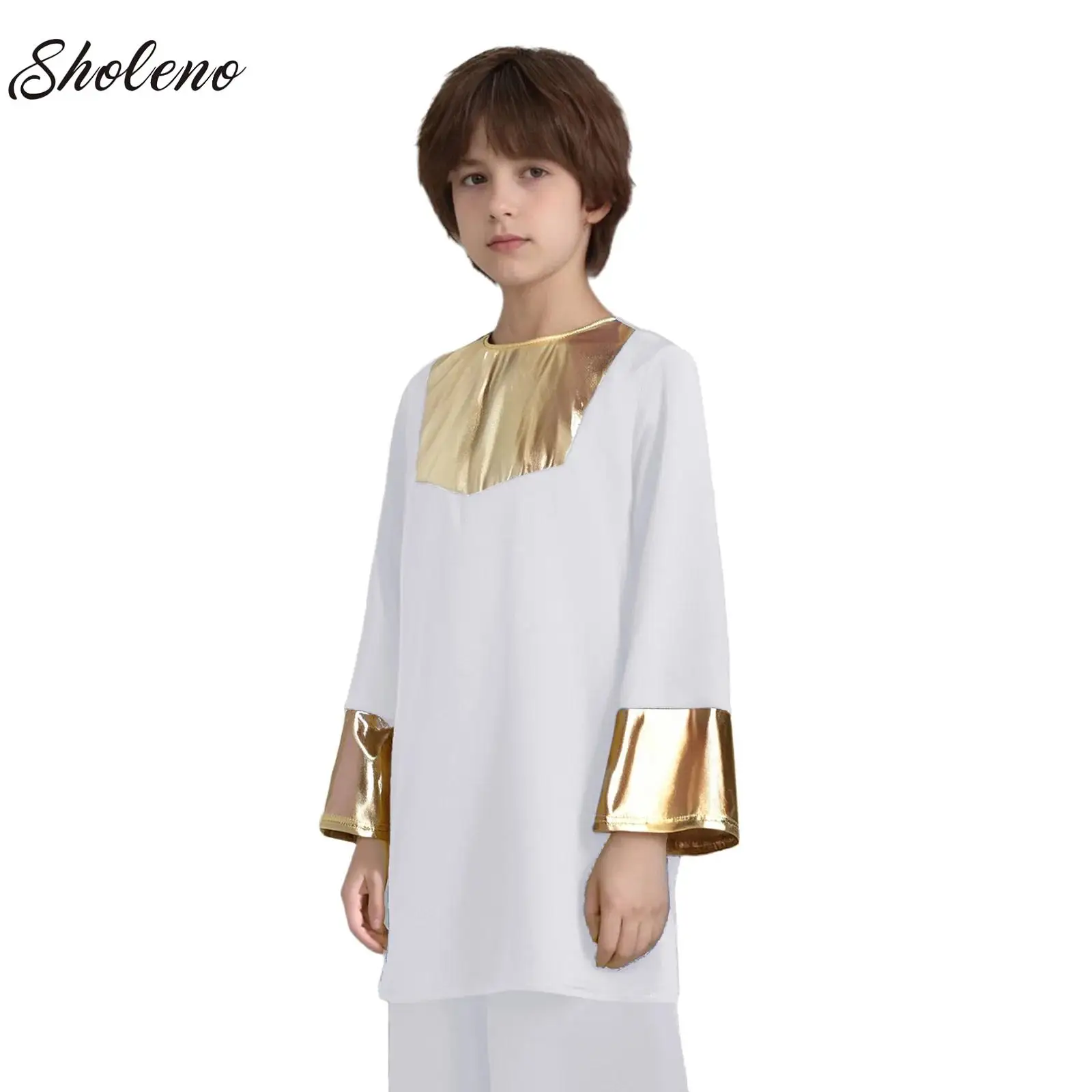 

Kids Boys Liturgical Praise Dance Top Metallic Shiny Patchwork Pullover Tunic Shirt for Worship Dance Prayer Praise Liturgical