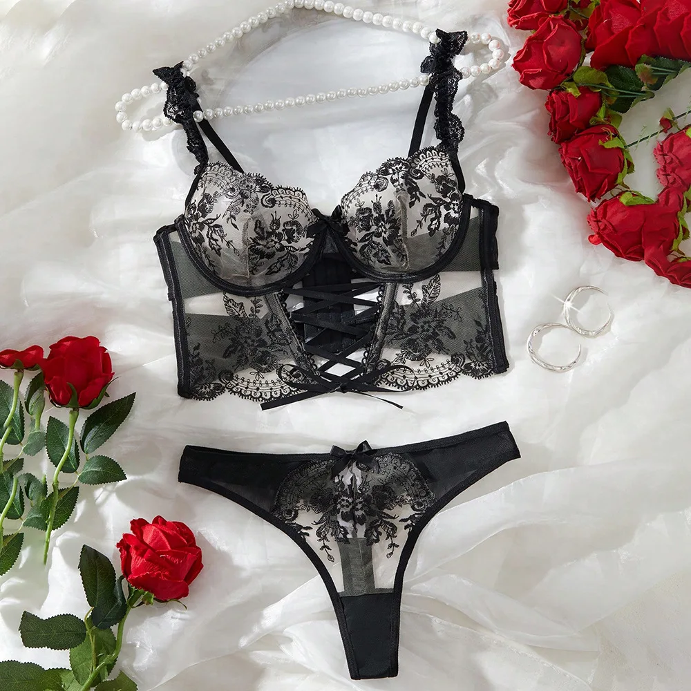 

Two-Piece Sensual Lingerie - Lace Sheer Embroidered Bra Thong Pants Passionate Pajamas