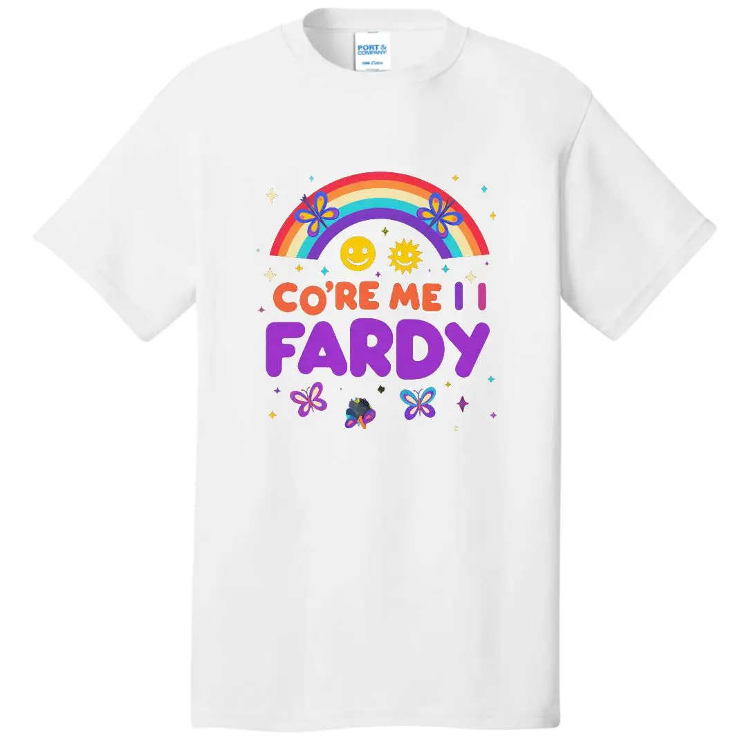 تي شيرت برسومات ملونة برقبة دائرية - وجه مبتسم أبيض بألوان قوس قزح ونص 'CO'RE ME I I FARDY' مع ديكور نجوم زهور الفراشة، P #4