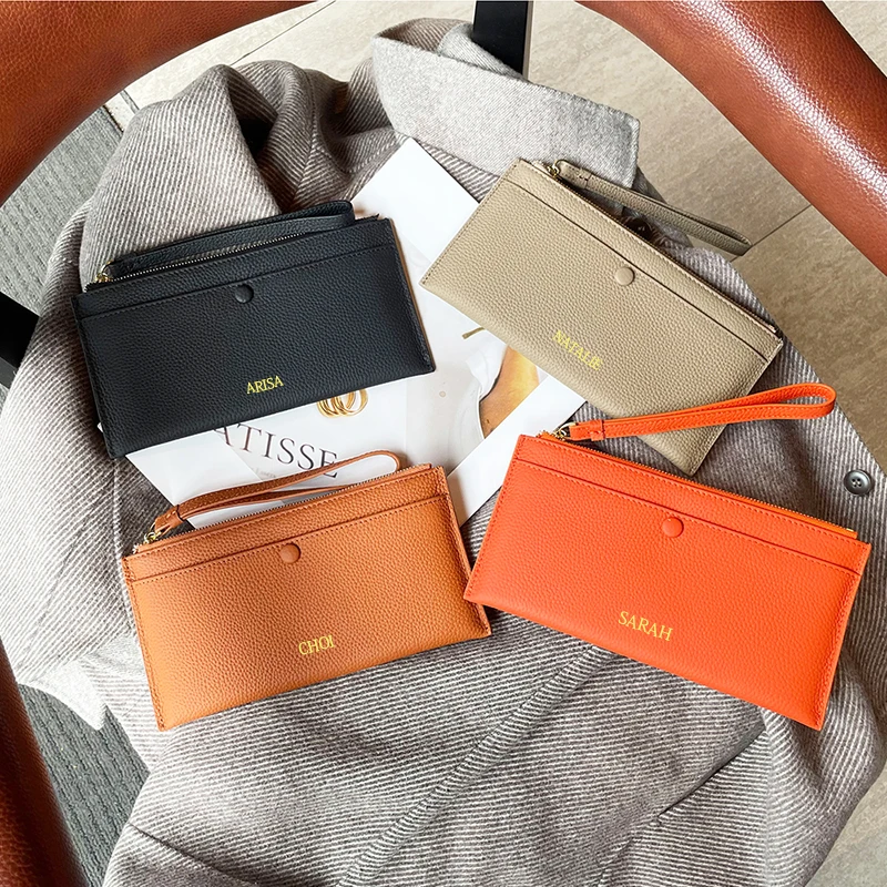 Large Capacity Genuine Leather Wallet Zipper Phone Bag Custom Name Fashion Woman Card Holder Casual Versatile Long Coin Purse