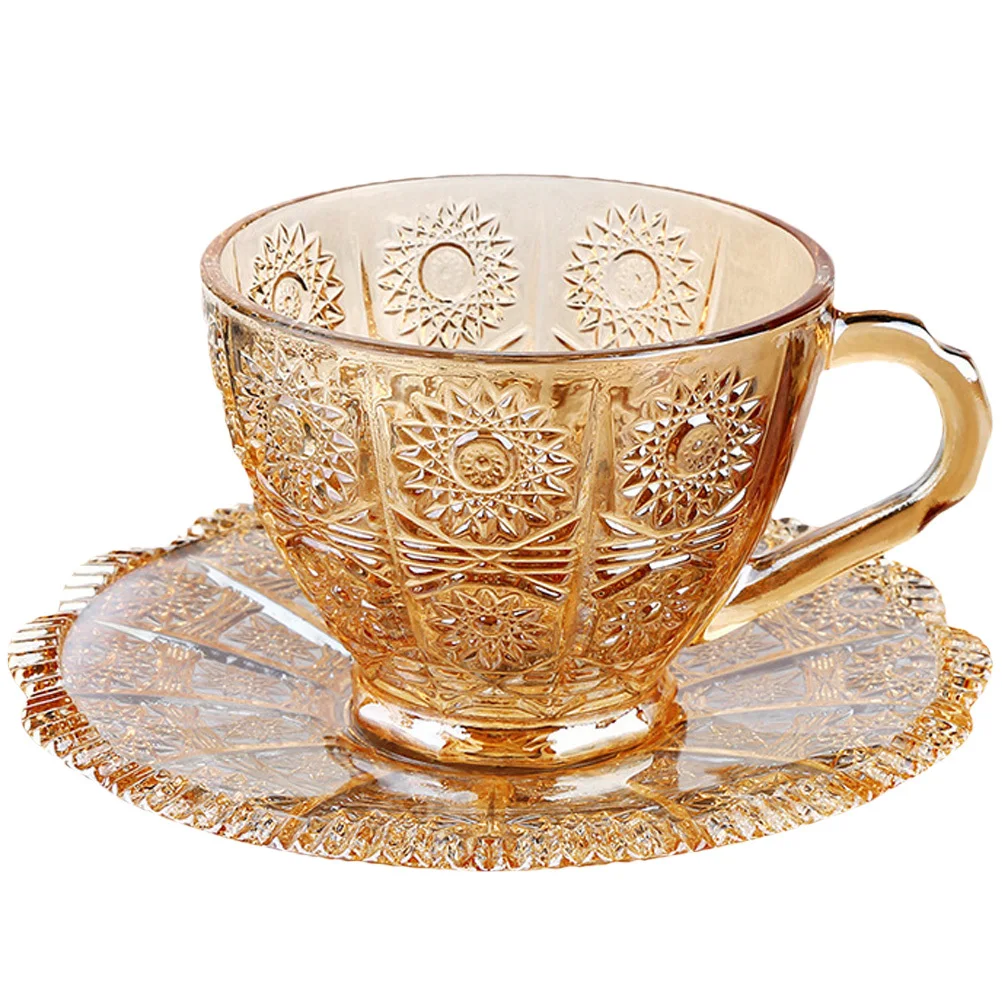 

1Set European Style Coffee Cup Set Glass Tea Cup Saucer Vintage Design Comfortable Handle Gift Tea Glasses Cups and Saucers