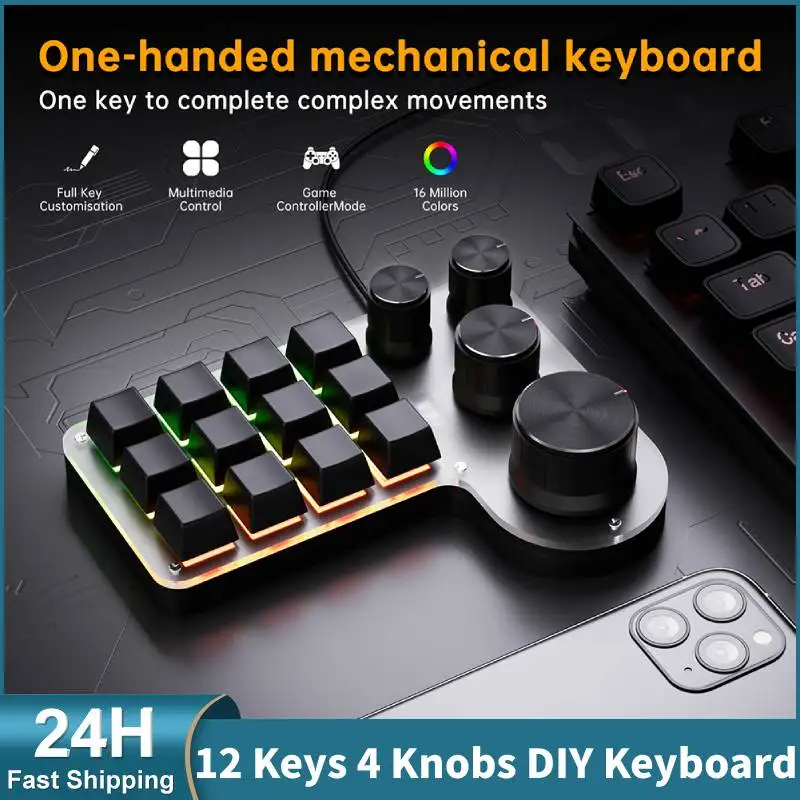 12 Key+4 Knobs Mini Keypad BT 5.0 3 Mode 7 Color RGB Copy Paste Shortcut Key Select PS Drawing Programming Macro Custom Keyboard