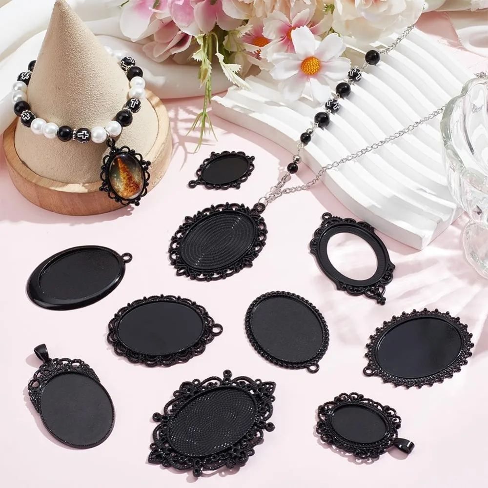 1 scatola di 10 stili pendenti vuoti vassoio castone ciondoli grandi spazi vuoti in lega nera impostazioni cabochon foto vassoi ellittiche fascino