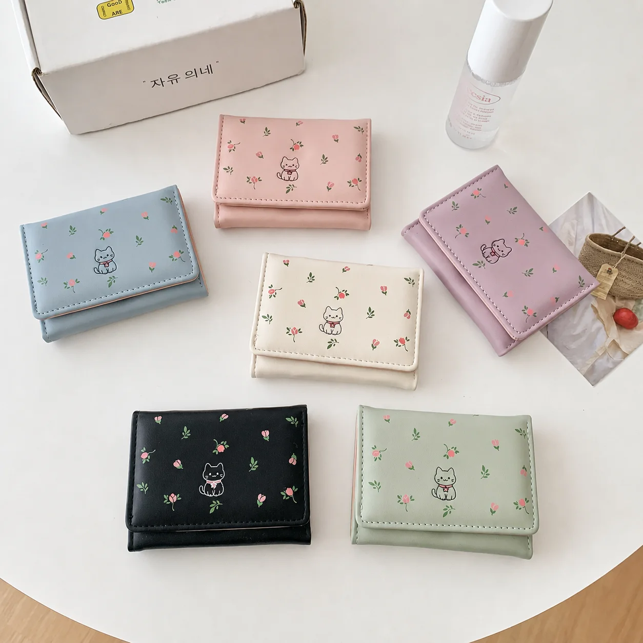 Cute Short Cat Floral Print Wallet Zipper Multi Card Position Cartoon Wallet Leather Card Holder Student Card Coin Purse Ladies