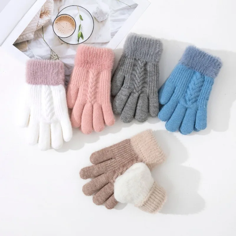 Kids Winter Glove Double Layer Thick Warm Thermal Fleece Lined Windproof Knit Gloves for Children Soft Plush Outdoor Play Gloves