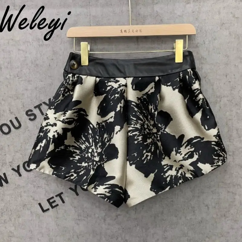 Vintage Ink Printing Splicing Sheepskin Wide-leg Shorts for Women Women's 2024 Autumn New Retro High Waist Black Shorts Mujer