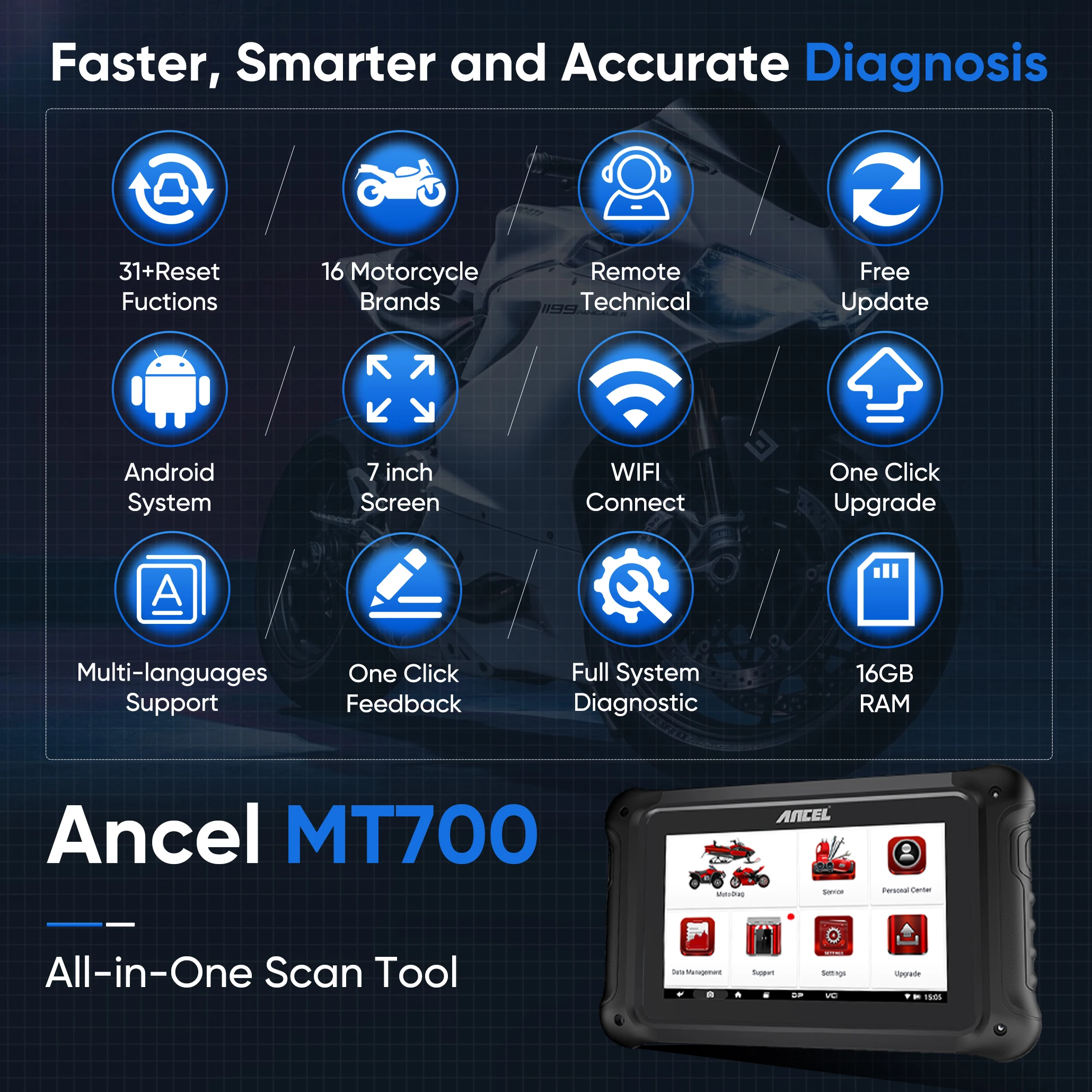 ANCEL MT700 Motorcycle Diagnostic Tool  Motorcycle Scanner All System ABS Bleeding Oil Reset Auto VIN Automotive Tools