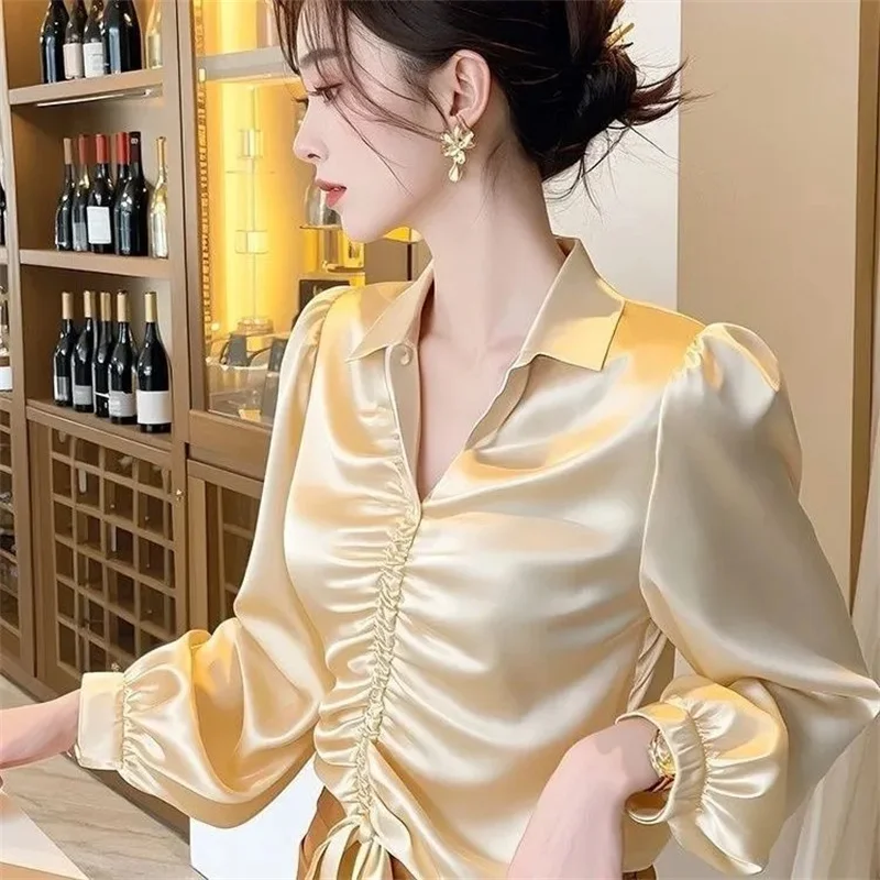 Korean Chic Champagne Long-Sleeved Shirt Women Spring Autumn Summer New Coat High Quality Blaus Light Cooked French Top Female