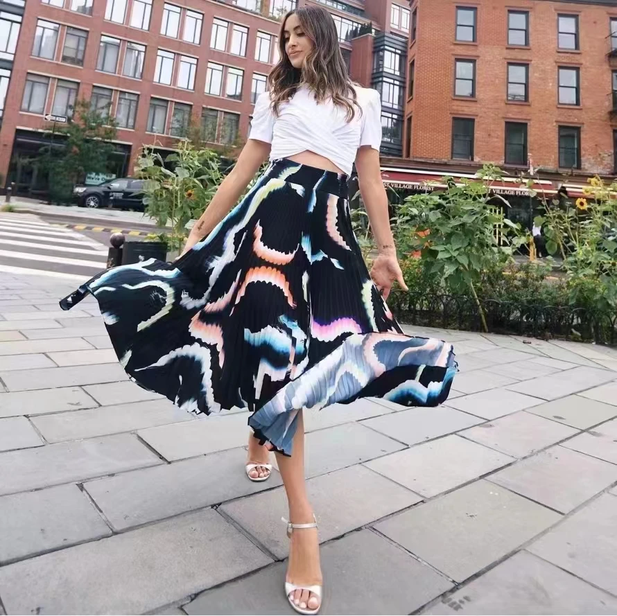 

Colorful print Pleated skirt high waist fashion womem midi skirt