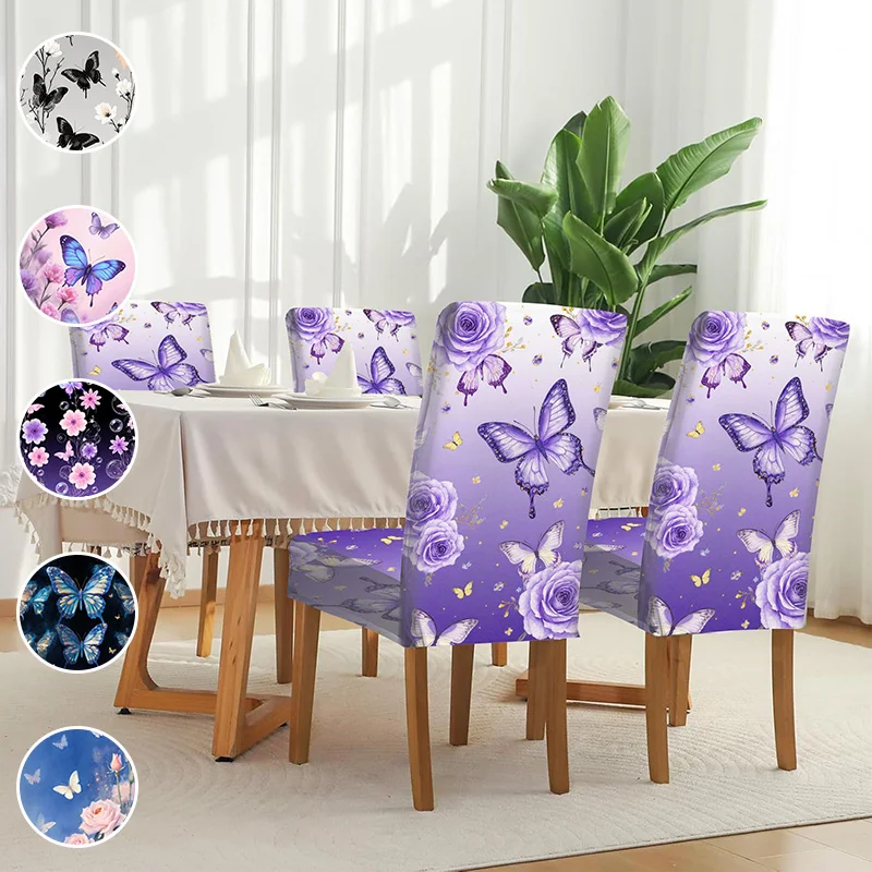 High elasticity printed dining chair cover, gradient rose butterfly pattern, suitable for home dining table and chairs