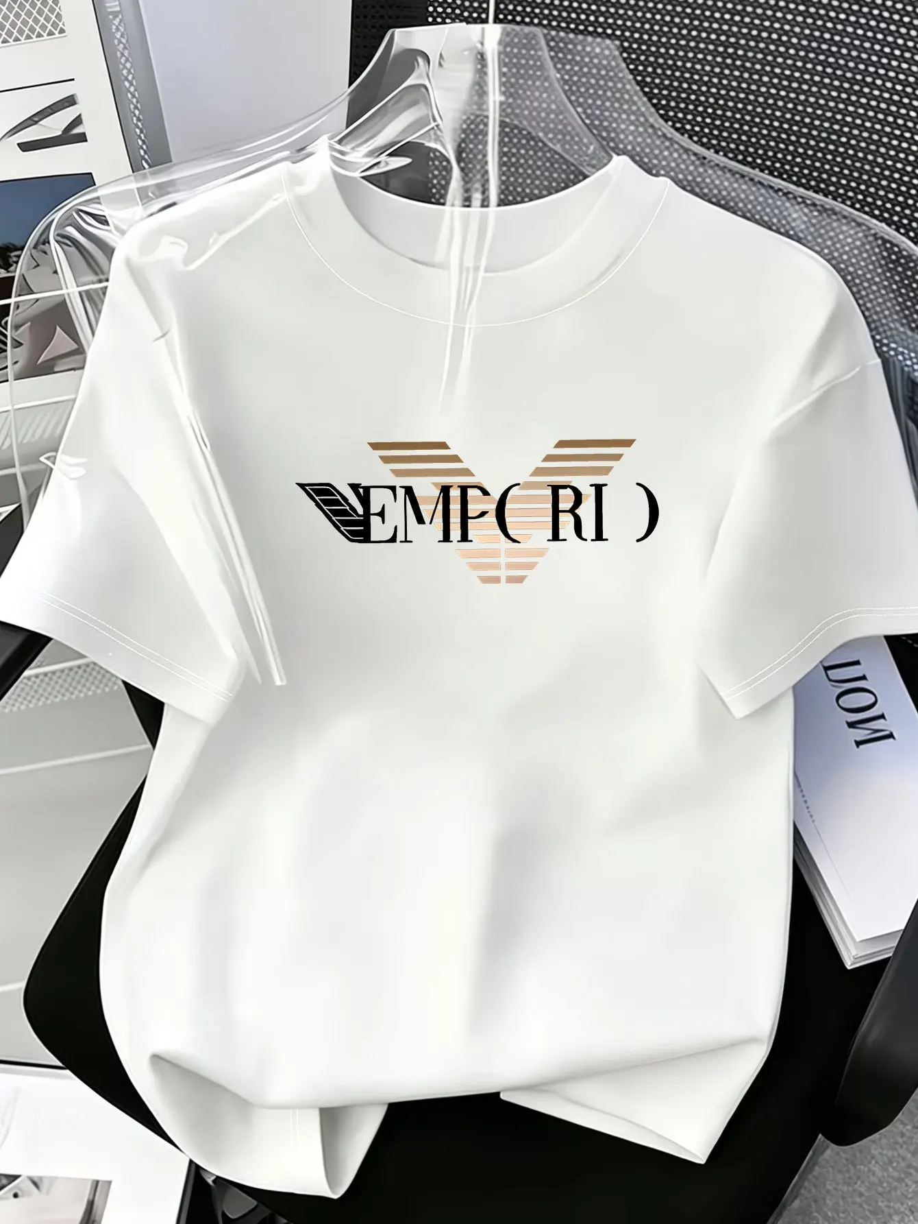 Men Premium Cotton Solid Color Oversized T-shirt Casual Streetwear Short Sleeve Tops With Golden Stripe V Symbol Text Print
