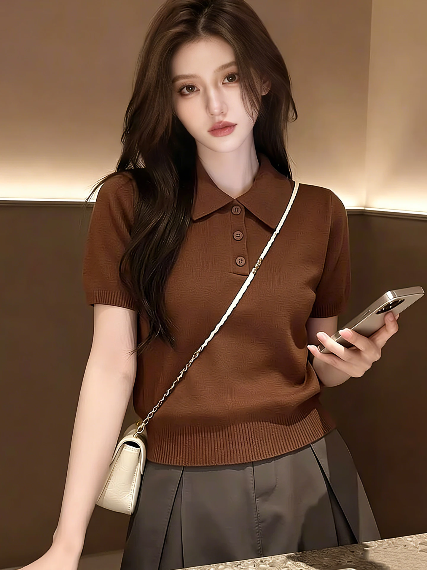 

Summer 2026 Women's Neck Knitted Short Sleeve Sun Protection Top Fashionable Casual Style Commute Friendly Straight Cut