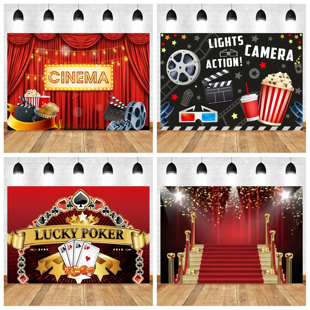 

Movie Night Hollywood Party Theme Background Photography Paparazzi Red Carpet Popcorn Stage Happy Birthday Banner Photo Props