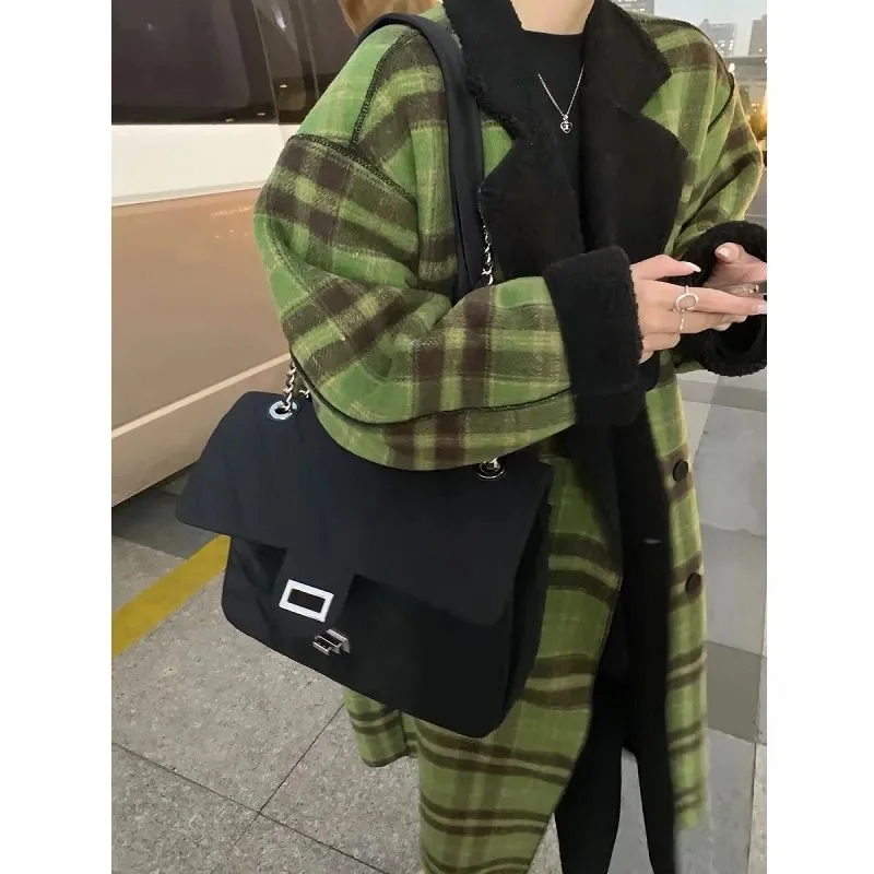 Fat mm Retro Senior Sense Positive and Negative Two Wear Green Plaid Woolen Coat Female 2023 Autumn and Winter Long Woolen Coat