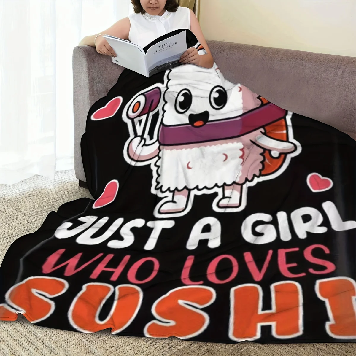 Sushi Print Flannel Throw Blanket, Contemporary Style, All-Season, Soft & Comfortable, Vegetable Print, for Sofa,, Office, Campi