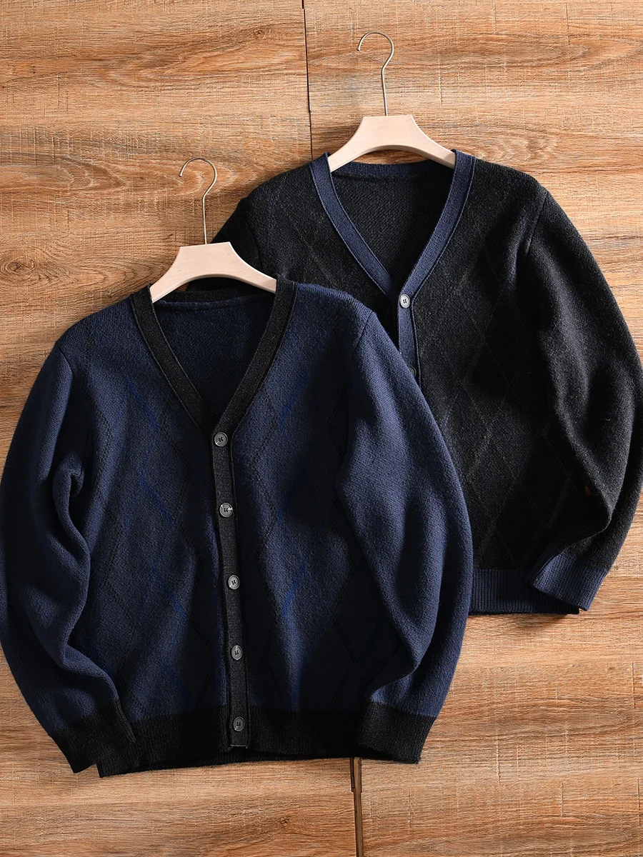 Men's V-neck Open Cardigan Knitted Sweater Jacket Diamond Pattern Cotton Blend Casual Autumn Winter Fashion Straight Cut