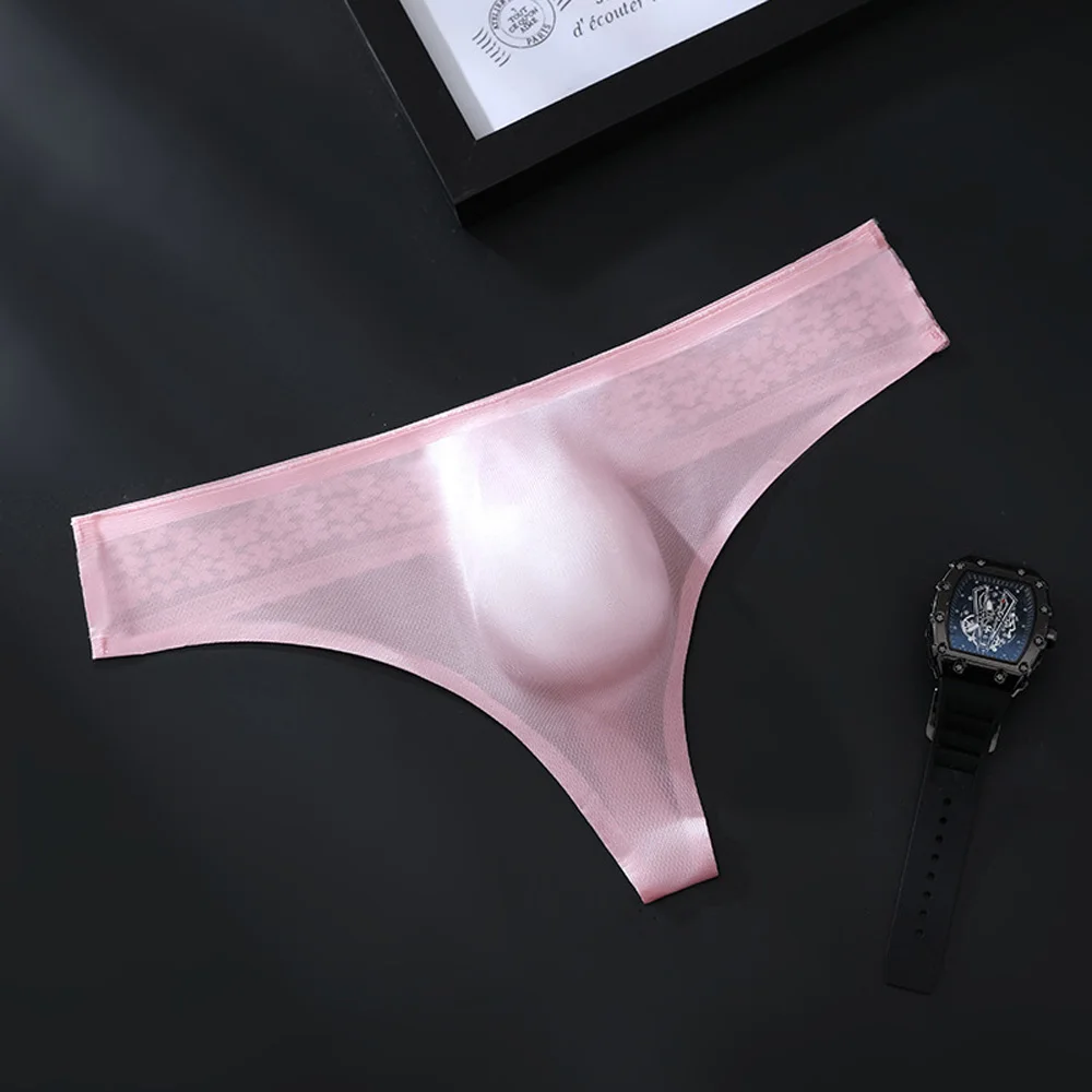 Mens Ice Silk Ultra-thin G-string Low Waist Sexy Lace Flower Pattern Breathable Transparent Seamless Underpants Plus Size
