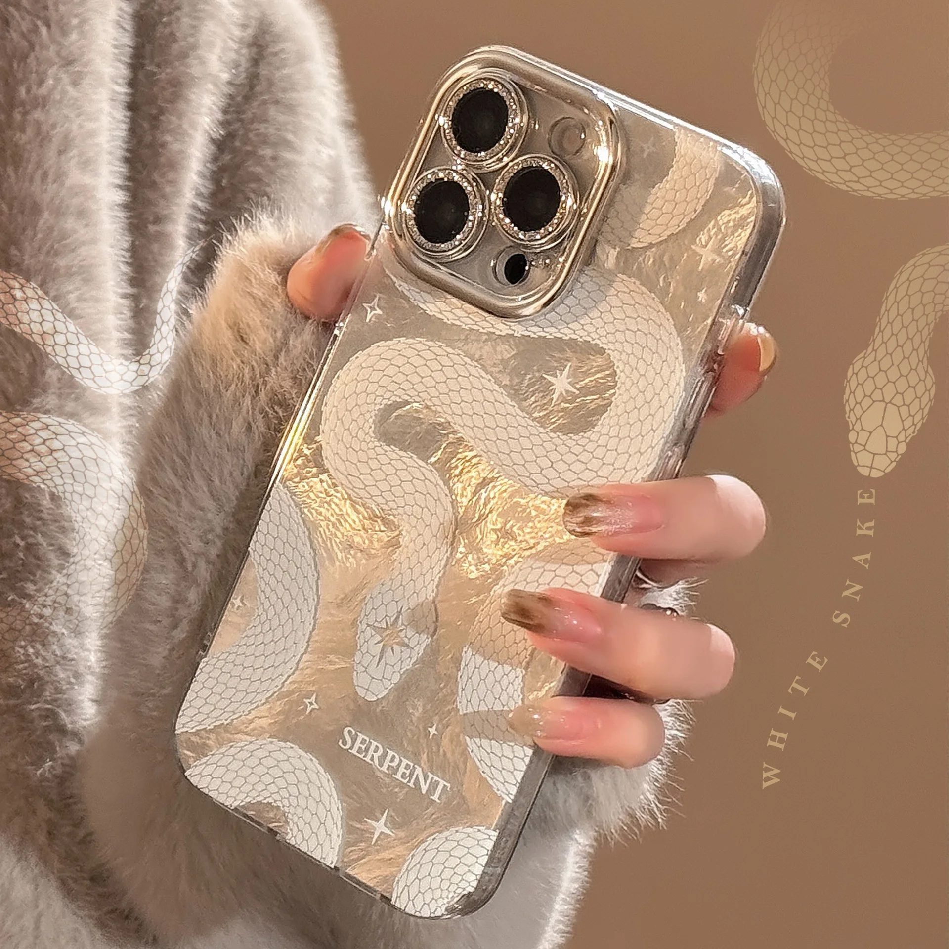 Jungle White python snake pattern Silver glitter Plating Phone case For iPhone 16 15 14 13 12 11 Pro Max Case Cute Luxury Cover