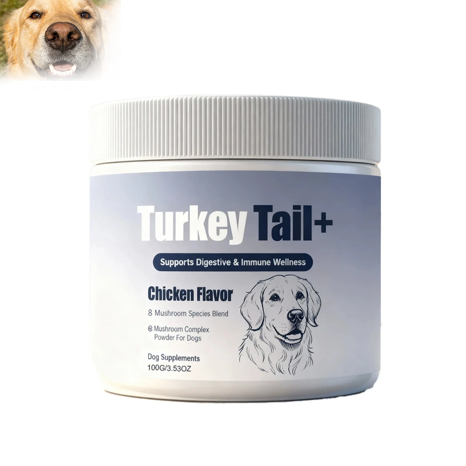 Suplemento inmunológico en polvo para mascotas de 100g con Reishi, beta-glucanos y probióticos para perros adultos, cuidado diario de la salud con ingredientes naturales.