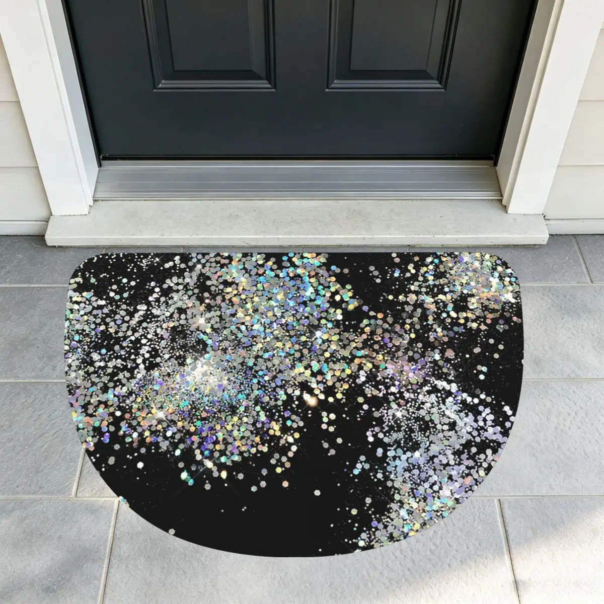 Black And Multicolor Sequins Faux Soft Flannel Half Round Doormat Non Slip Bathroom Mat Absorbent Floor Carpet for Living Room