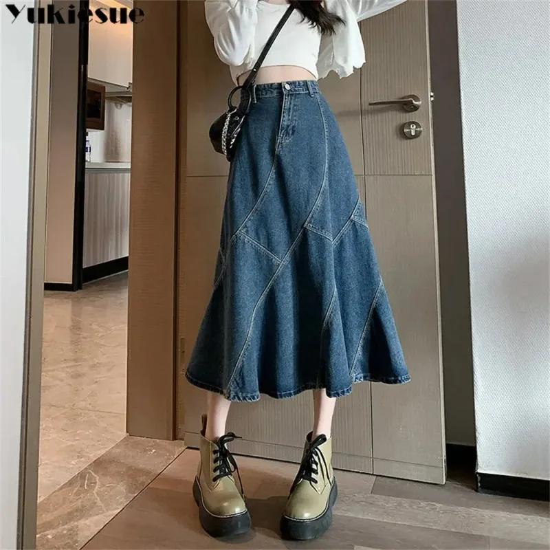 

2022 Summer High Waist Fashion Ladies LongMermaid Jean Skirt Vintage Women Denim Trumpet Skirt Streetwear Style Casual Irregular