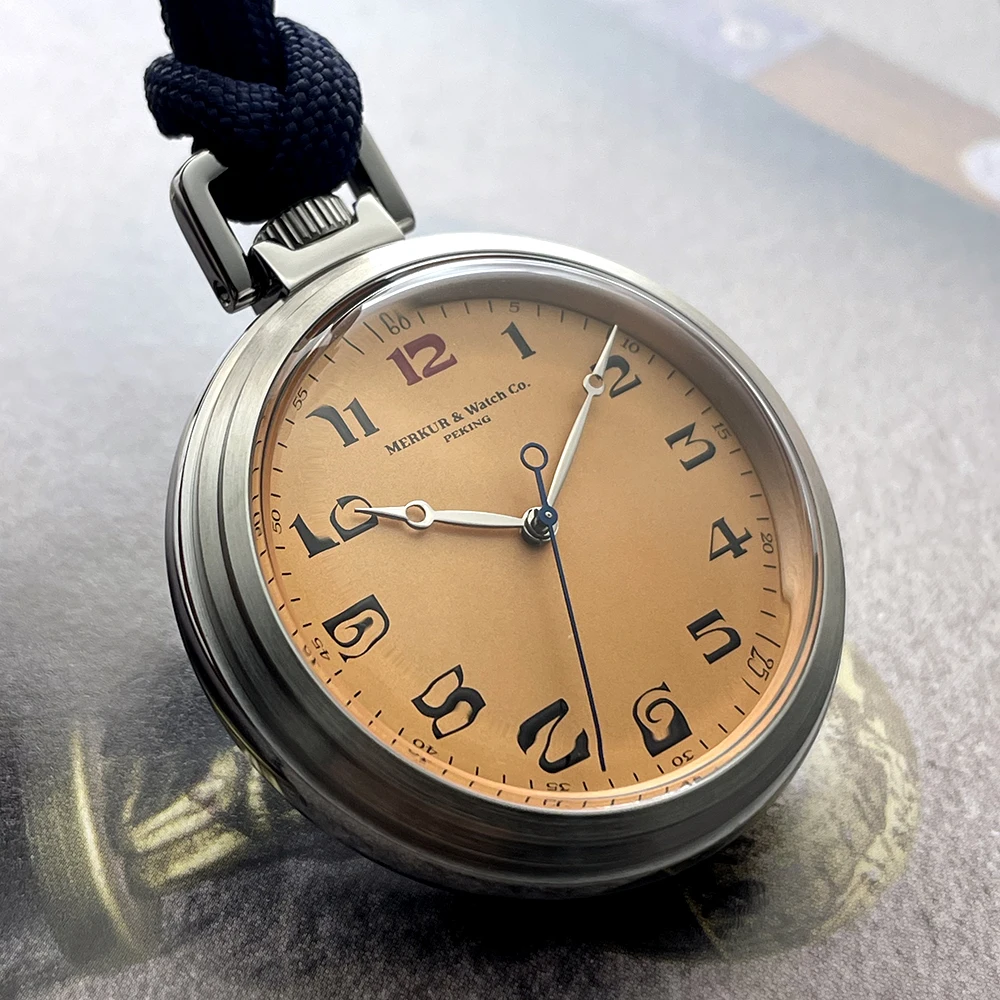 ساعة جيب Merkur Vintage بمينا سمك السلمون للرجال ساعة ميكانيكية يدوية 42 ملم جديدة مقاومة للماء