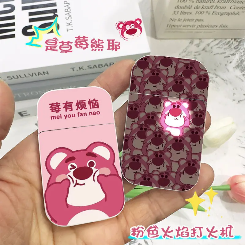 INS Cartoon Strawberry Bear Cigar Lighter Windproof Pink flame Lighter Metal  Butane Gas Refillable Fuel lighter Smoking Gadgets